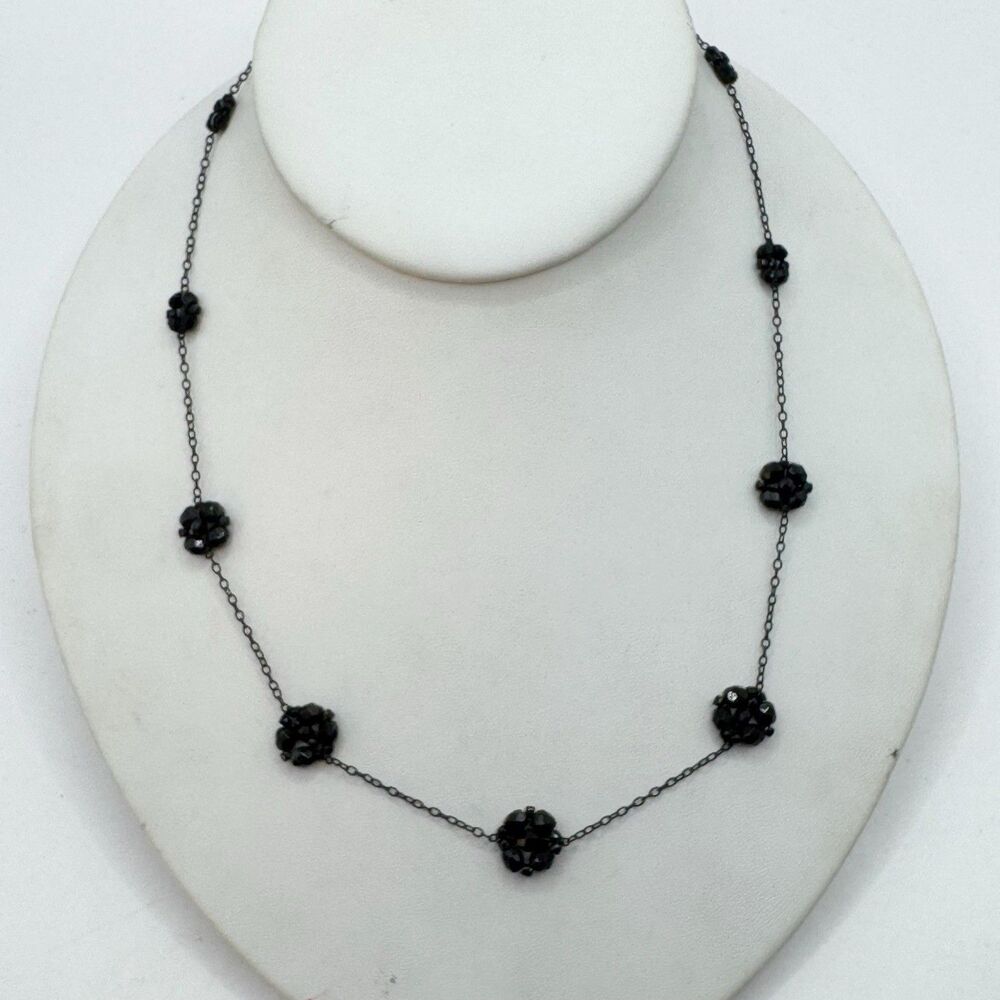 Liz Claiborne Black Bead Flower Station Necklace Dark Jewelry WhimsiGoth 17”